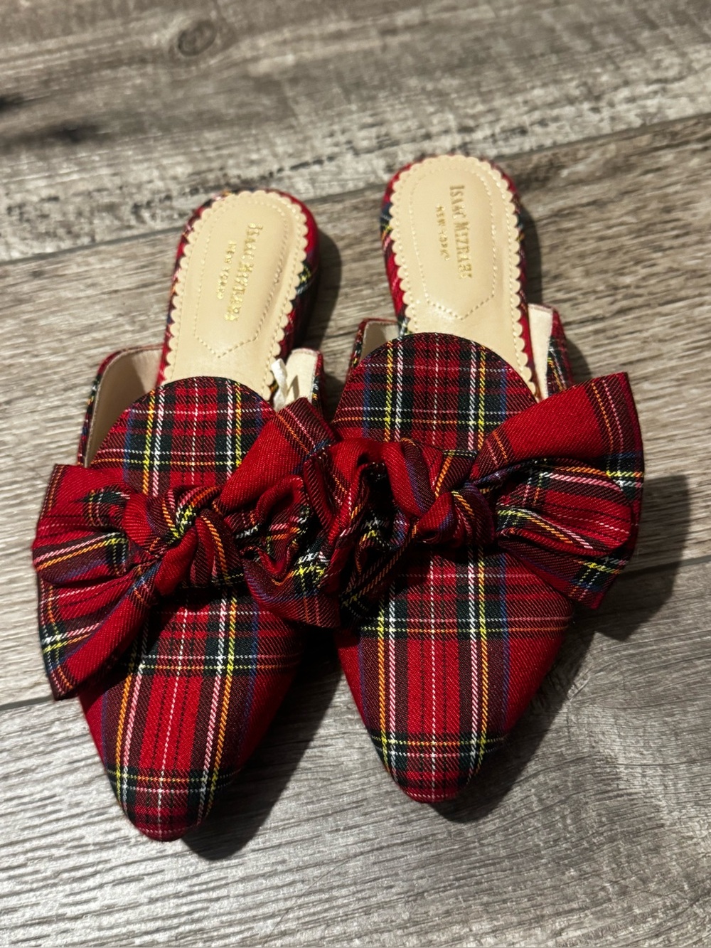 Isaac Mizrahi Red Plaid Bow Pointed-Toe Mules